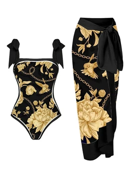 Mayo Kadın 2023 Altın Kuş ve Çiçek Arı Baskı Geri Dönüşümlü Mayo ve Etek Tek Parça yaz elbisesi Beachwear Mayo