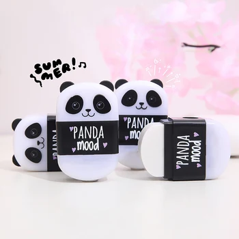 Kawaii Siyah Beyaz Panda Şekli Kauçuk Kalem Silgi Kalemtıraş ile Öğrenci Çocuk Ödülleri Kırtasiye Okul Kaynağı Sevimli Kırtasiye
