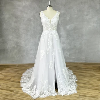 DİDEYTTAWL Gerçek Resim V Yaka Kolsuz Aplikler Yüksek Yan Yarık A-Line düğün elbisesi Lace Up Geri Mahkemesi Tren gelin kıyafeti