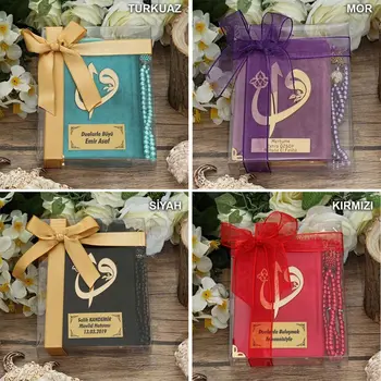 Kadife Kaplı Kur'an-ı Kerim, İnci Tesbih, Asetat Kutulu Hediye Paketi (Renk Seçenekleri)