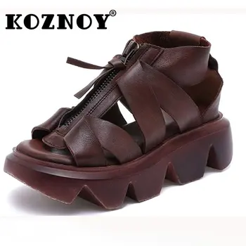 Koznoy Kadın Yaz Ayakkabı 5cm İnek Hakiki deri ayakkabı Platformu Kama Pompaları Slaytlar Kadın Sandalet 2023 Tasarımcı Bayanlar Rahat