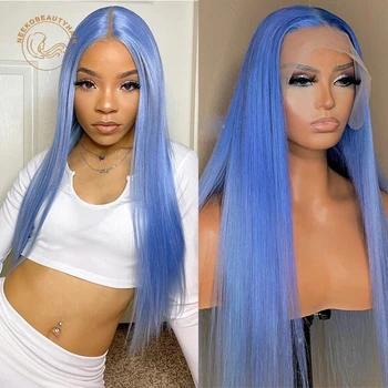 Açık Mavi Renkli Vücut Dalga Dantel Ön insan saçı peruk Düz Ön Koparıp 13x6 HD Şeffaf sırma ön peruk Kadınlar İçin