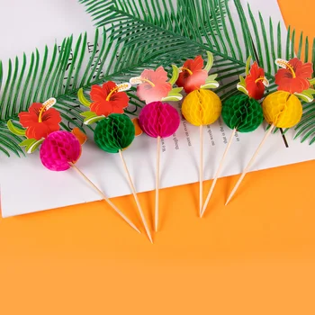1 takım Yaz Ananas ebegümeci çiçeği Petek Kek Topper Kağıt Cupcake Toppers Hawaii Düğün Doğum Günü Partisi Dekorasyon