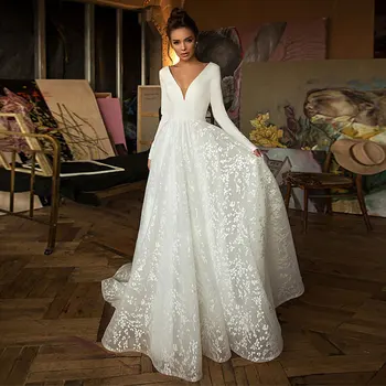 2023 V Boyun Boho Robe De Mariee düğün elbisesi Saten Longue Uzun Kollu Robe De Soiree Basit Gelin Vestido De Novia HQX3430