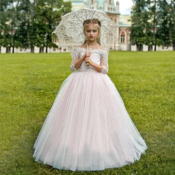 Tekne Boyun Beyaz Çiçek Kız Elbise Dantel Prenses Elbise Kızlar için Kolsuz İlk Communion Elbise Çocuk Düğün Parti Elbise