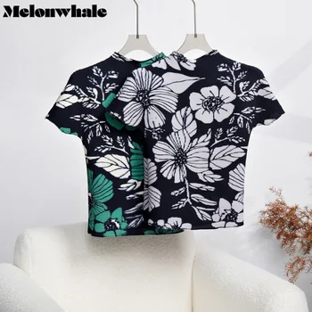 MelonWhale Çiçek Baskılı Pilili T-shirt Kadınlar için 2023 Yaz Kısa Kollu Gevşek Yarım Balıkçı Yaka Kore Tarzı Kadın Yeni Üstleri