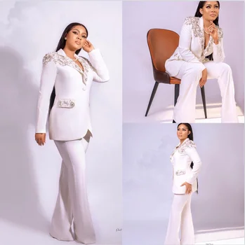 Beyaz Kristal Kadın Takım Elbise Düğün İçin Set Ceket+Pantolon 2 Adet Custom Made Blazer Resmi Anne Konuk Balo Elbise Smokin