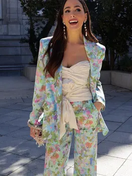 Kadın Moda Çiçek Baskı Düğmeleri Flap Cepler Blazer Ceket Şık Turn Down Yaka Uzun Kollu Yelek Rahat Ofis Bayan Giyim