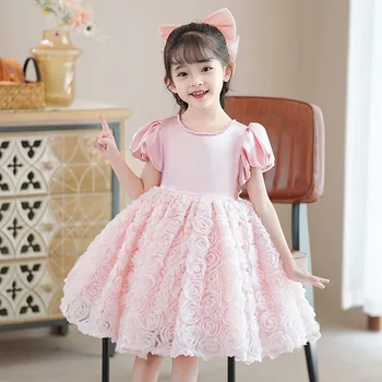 Çocuklar Mizaç Pembe Resmi Elbise Kore Tatlı İnci Gül Kabarık Kollu Tül Prenses Elbiseler Çiçek Kız Düğün balo elbisesi