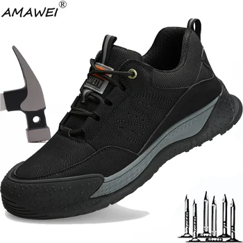 AMAWEI Erkek Kaymaz İş Sneakers Çelik Burunlu Ayakkabı Erkekler İçin Yıkılmaz Anti-Delinme Güvenlik Ayakkabıları Trail koşu ayakkabıları Açık