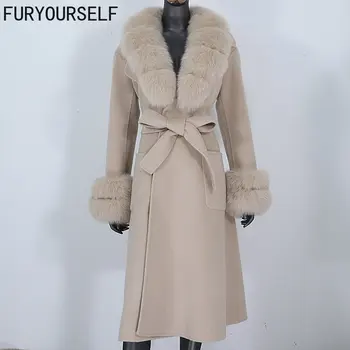 FURYOURSELF 2023 Yeni X uzun Kaşmir Yün Karışımları Gerçek Kürk Kemer Kış Ceket Kadınlar Doğal Tilki Kürk Yaka Manşetleri Streetwear