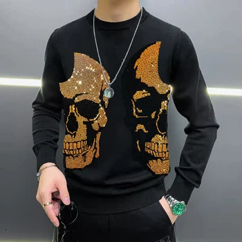 Yeni Varış Kış erkek Kazak Marka Tasarım Kişilik Desen Sıcak Elmas Kafatası Rahat Örgü Moda Üst Sıcak Baskı İnce M