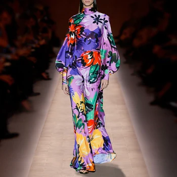 Vintage Mor Çiçek Baskılı Uzun Elbiseler Kadınlar için Yaz Yüksek Kalite Pist Tasarımcısı Zarif Fener Kollu Maxi Elbise 2023