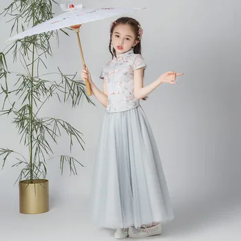 Çocuk Hanfu Kız Bahar Cheongsam Elbise Kostüm Süper Peri çocuk Kısa Kollu Bahar Elbise