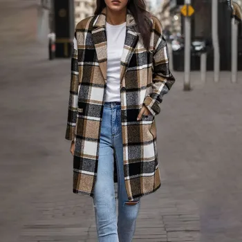 Kadın Ekose Uzun Ceket Yaka Cep Yün Dış Giyim Bayanlar Uzun Kollu Gevşek Ceket Kadın Gidip Elbise Sonbahar Kış 2023