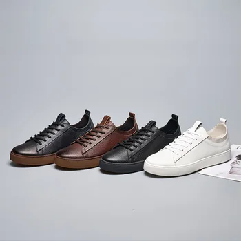 MOOQDAAX 2023 Yeni Bahar Moda Hakiki Deri Yuvarlak Kafa Düz Bağlama Kalın Taban Paten Ayakkabı Erkekler basit rahat ayakkabılar Erkek