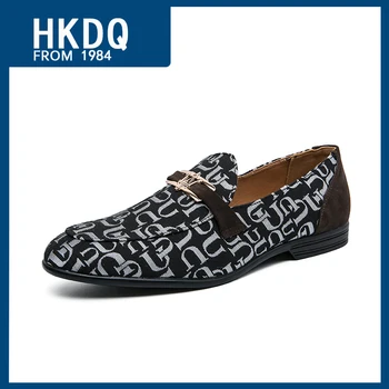 HKDQ Trend Baskı Sivri Slip-on Erkekler deri makosenler Rahat erkek sosyal ayakkabı Nefes Erkek parti ayakkabıları Büyük Boy 38-47