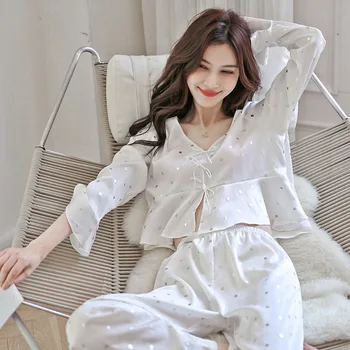 FALLİNLAOE 2023 Yeni Buz İpek Pijama kadın Uzun Kollu Basit Polka Dot Baskılı Ev Giysileri Pijama Seti