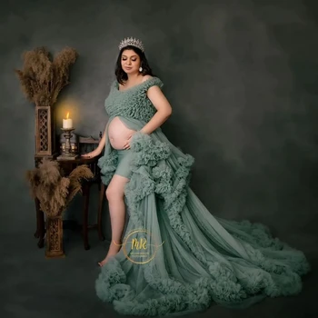 Zarif Yeşil Bir Çizgi Annelik Elbiseler Fotoğraf Çekimi için Katmanlı Ruffles Hamile Kadınlar Elbiseler Seksi Ön Bölünmüş Bebek Duş Önlükleri
