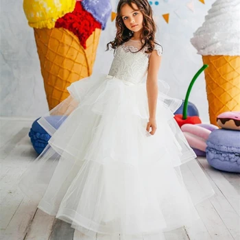 Beyaz Çiçek Kız Elbise Düğün İçin Parti Aplike Tül Güzel Balo Çocuklar İçin Kat Uzunluk Pageant Törenlerinde