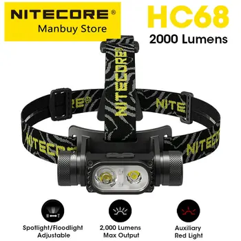 NİTECORE HC68 LED Far 2000 Lümen USB şarj Edilebilir Far Ayarlanabilir Spot Projektör çift ışın, 18650 li - ion pil