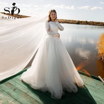 SoDigne Dubai Plaj Gelinlik Boho Uzun Kollu O Boyun Dantel gelinlik Prenses Gelin Elbise 2023 vestidos de novia