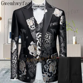 Gwenhwyfar Klasik Siyah Erkek Takım Elbise Düğün Smokin Damat Slim Fit Resmi Ziyafet Erkek Blazer 3 Parça Set Ceket Yelek Pantolon