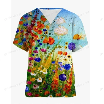 Bayanlar hemşire üniforması Kısa Kollu V Yaka İş Giysisi Çiçek Baskı çalışma üniforması Kadın Polyester Rahat Tıbbi Hemşirelik Bluz
