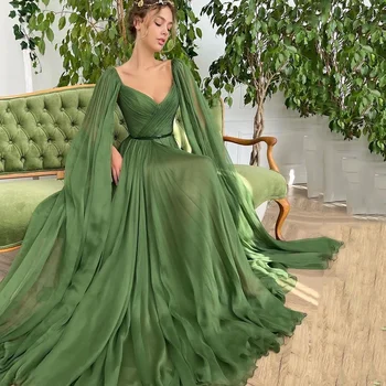 Zarif ve Zarif Derin V Yaka Dubai Arap Abiye Açık Yeşil A-line Şal Kollu Örgün Durum balo kıyafetleri Kadınlar İçin