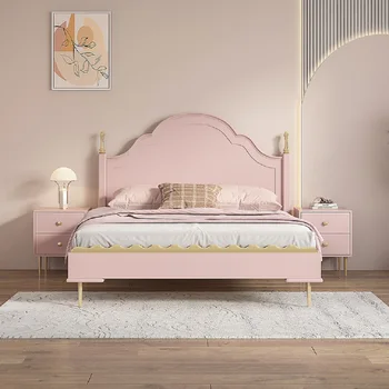 Pembe prenses yatak katı ahşap kız tek kişilik yatak İskandinav modern ışık lüks çocuk odası mobilya basit yatak odası çocuk yatağı