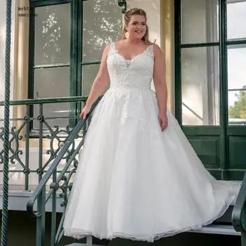 Seksi Zarif V Yaka Aplike Beyaz Artı Boyutu düğün elbisesi 2023 Ismarlama Organze Dantel-up A-line gelin kıyafeti Boncuk