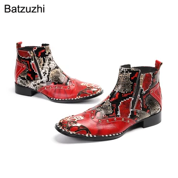 Batzuzhi Kare Ayak Kırmızı Hakiki Deri Çizmeler Erkekler Yeni El Yapımı erkek ayakkabısı Zip Kısa Şövalye, Parti ve Düğün Botas Hombre