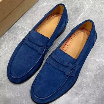 Yeni Koyu Mavi Erkekler Süet Loafer'lar Lüks Moda Kuruş makosen ayakkabı El Işi deri ayakkabı Üzerinde Kayma Rahat Daireler