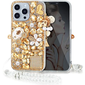 Kızlar Kadınlar Mücevherli Elmas telefon kılıfı İçin iPhone 14 12 11 13 Pro Max 6S 7 8 Artı X XS Max XR Silikon Kapak ile Kristal Zincir