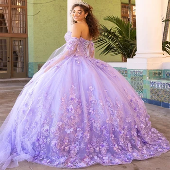 Doymeny Lavanta Seksi Straplez Balo Quinceanera elbiseler 3D Çiçek Aplikler Tül 16 Prenses Abiye Vestidos De 15 Anos