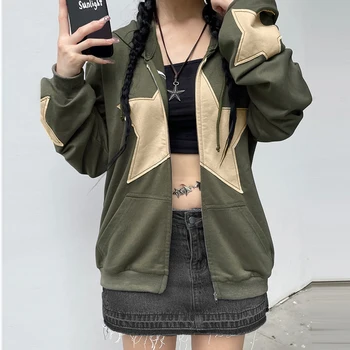 Kadınlar Uzun Kollu Hoodie Hırka Yıldız Yama Bayan Ceket Ceket Cepler ile Fermuar Up Harajuku Tarzı çok yönlü Streetwear Takım Elbise
