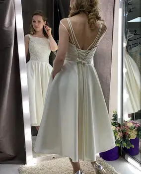 Düğün elbisesi Kısa Diz Boyu Kolsuz Saten Parlak Backless Zarif Kadın gelinlikler Lace up Custom Made Boyut Diz Boyu