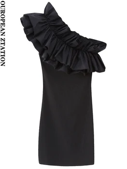 PAİLETE Kadınlar 2023 moda ruffled fırfırlı asimetrik mini elbise vintage kolsuz kadın elbiseler vestidos mujer