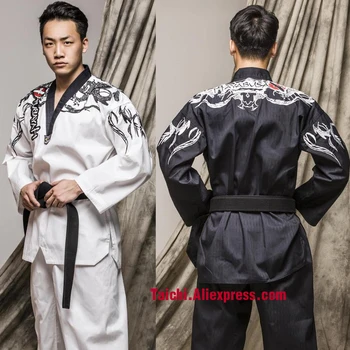 Dövüş sanatları TKD Tekvando V Yaka Yetişkin ve Çocuk Taekwondo Giysileri Poomsae ve Eğitim, WTF Üniforma, 160-190cm Siyah/beyaz