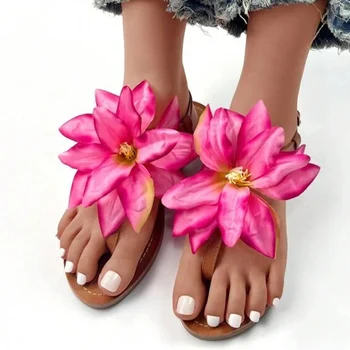 2023 Yeni Kadın Çiçek Dekor Slingback Tanga Sandalet Moda Yaz Düz Sandalet Rahat Açık Plaj Seksi Slaytlar Bayan Ayakkabıları