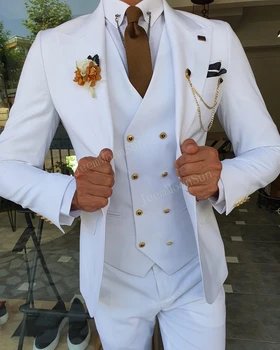 3 Adet Yeni Beyaz erkek Takım Elbise Tepe Yaka Slim Fit Casual Smokin Damat Tailor Made Terno Masculino (Blazer + Pantolon + Yelek)