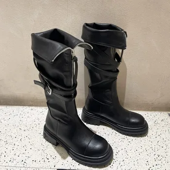 2024 Kış Chelsea Çizmeler Daireler Diz Yüksek Kadın platform ayakkabılar Yeni Moda serseri Çizmeler Gladyatör Goth Yürüyüş Motosiklet Botas 40