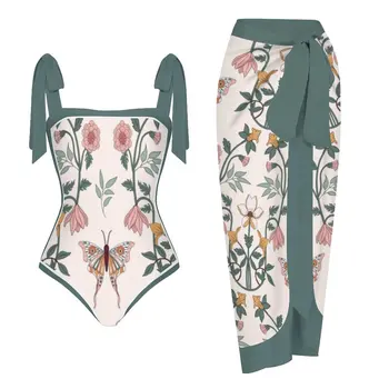 Çiçek Baskı Beachwear 2023 Moda Kadın Mayo Yaz Kare Boyun Mayo ve Cover-Up Mayo Plaj Tarzı