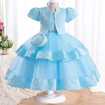 Yeni 3-10 Yaşında çocuk Ceket İşlemeli Kız Prenses Elbise Tül Kek Elbise Kız Doğum Günü Partisi Gece Elbisesi + Çanta