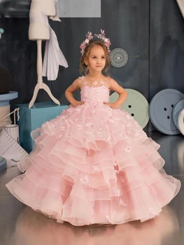 Pembe Prenses Balo Kız Elbise İlk Communion Balo Kostümleri Elbiseler Çiçek Backless Boncuk Aplikler Kolsuz 2023