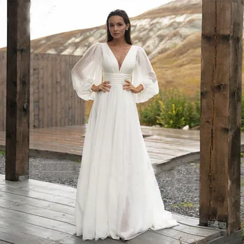 Basit Puf Kollu düğün elbisesi Gelin Uzun Bir Çizgi Backless Plaj Gelin Kıyafeti Sweep Tren 2023 Şifon Robe De Mariée Vestidos