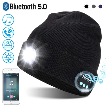 Bluetooth Bere Şapka ile şarj edilebilir ışık kafa lambası Kap Örme Gece İşıklı Şapka El Feneri Erkekler/Kadınlar için kablosuz kulaklıklar