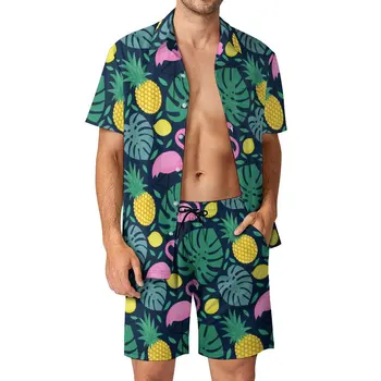 Komik palmiye Yaprakları Erkekler Setleri Ananas Flamingo Limon Baskı Rahat Şort Spor Açık Gömlek Seti Yaz İki parçalı Hawaii Takım Elbise