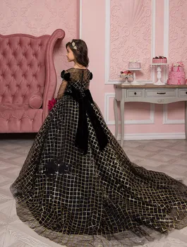 Siyah A-Line Çiçek Kız Elbise Düğün İçin Uzun Kollu Sheer O Boyun Prenses İlk Communion Çocuk Elbise Vestidos De Novia