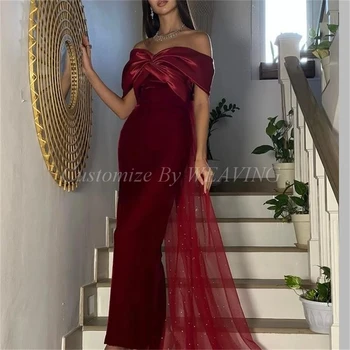 Koyu Kırmızı Kadife Uzun Gelinlik Modelleri Kılıf Kapalı Omuz Ayak Bileği Uzunluk Suudi Arapça Kadınlar Akşam Parti Elbise